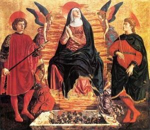 Assunzione della Vergine tra i santi Miniato e Giuliano, cm. 150 x 158, tempera e oro su tavola, biennio 1449-1450, Gemäldegalerie di Berlino.